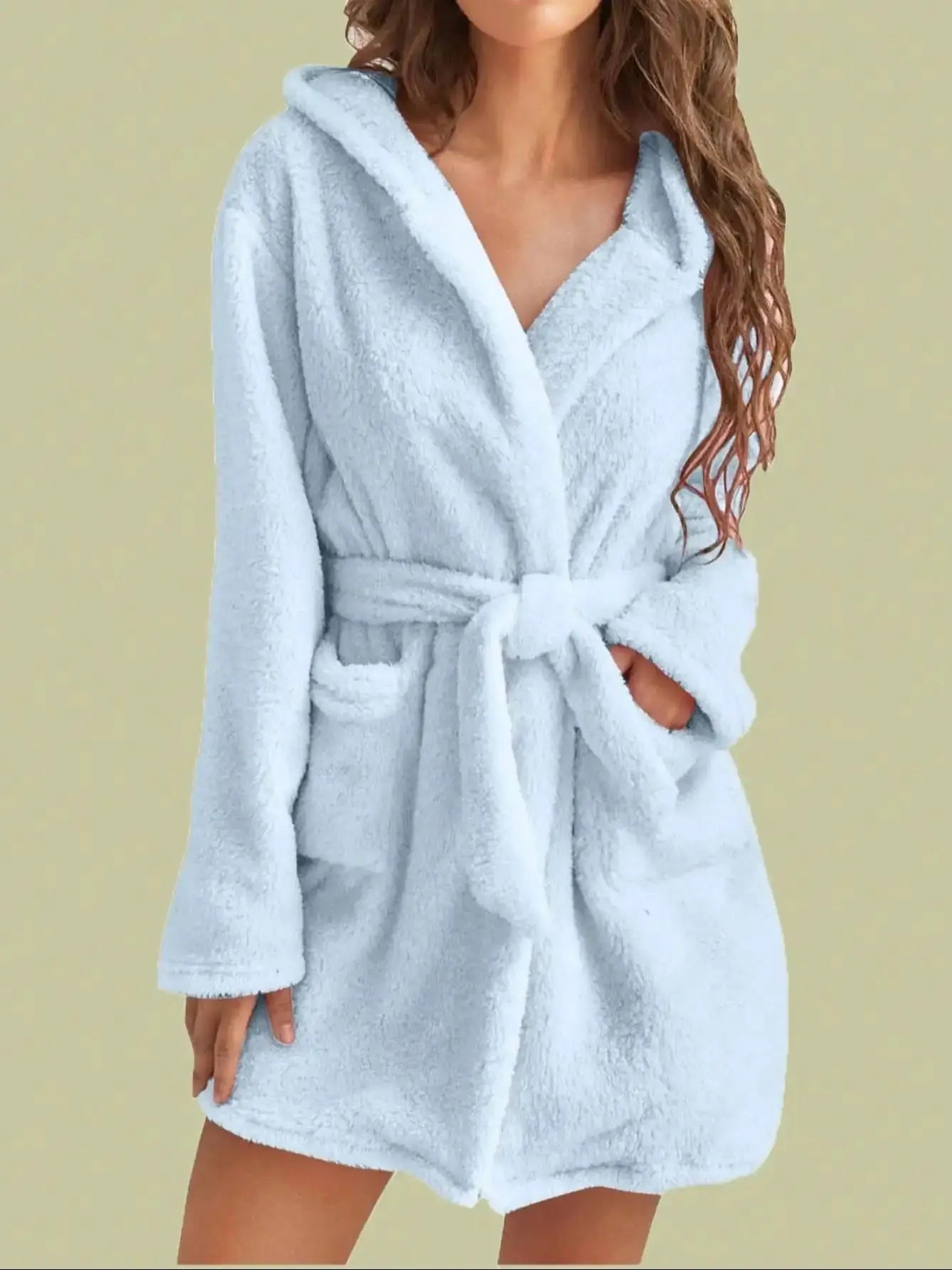 1 piece of women's solid color hooded robe with belt, cozy and warm fleece pajamas for