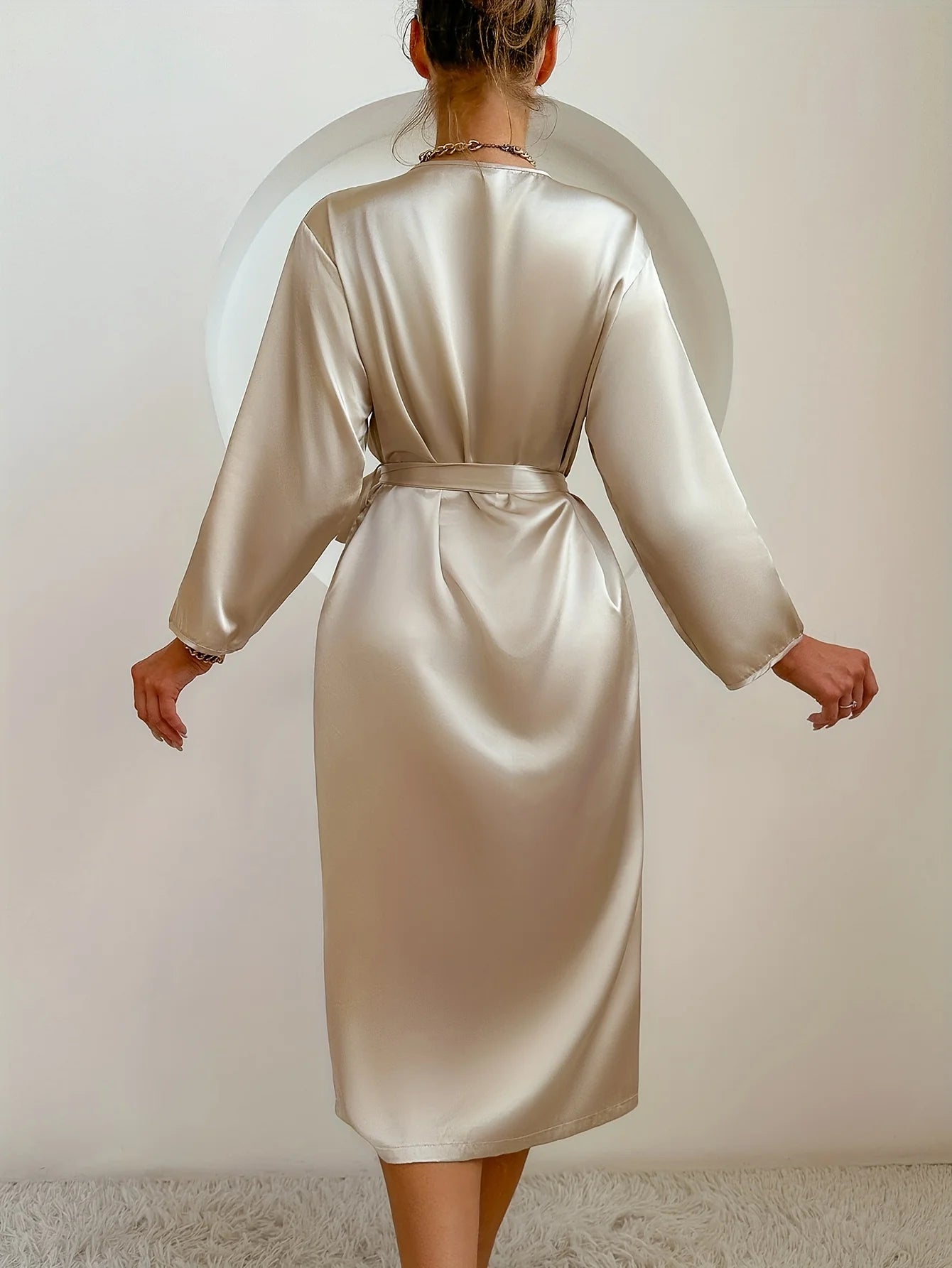 Women's Satin Robe Belted Elegant Solid Color Silky Comfort Bathrobe Lounge Set