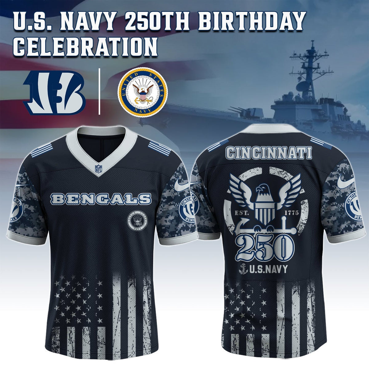 Cincinnati Bengals NFL x U.S. NAVY 250TH Birthday Special Edition Jersey