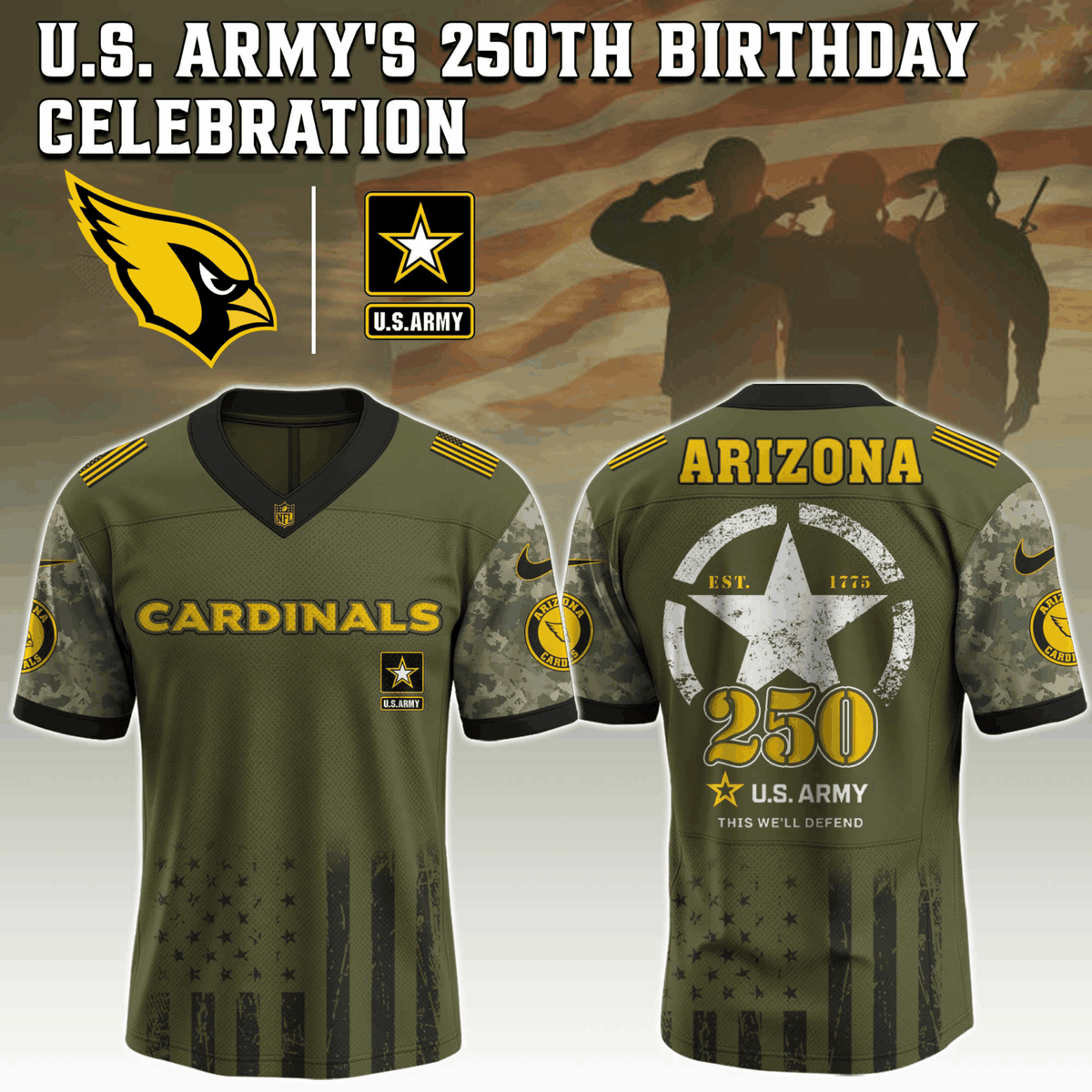 Arizona Cardinals NFL x U.S. ARMY'S 250TH Birthday Special Edition Jersey